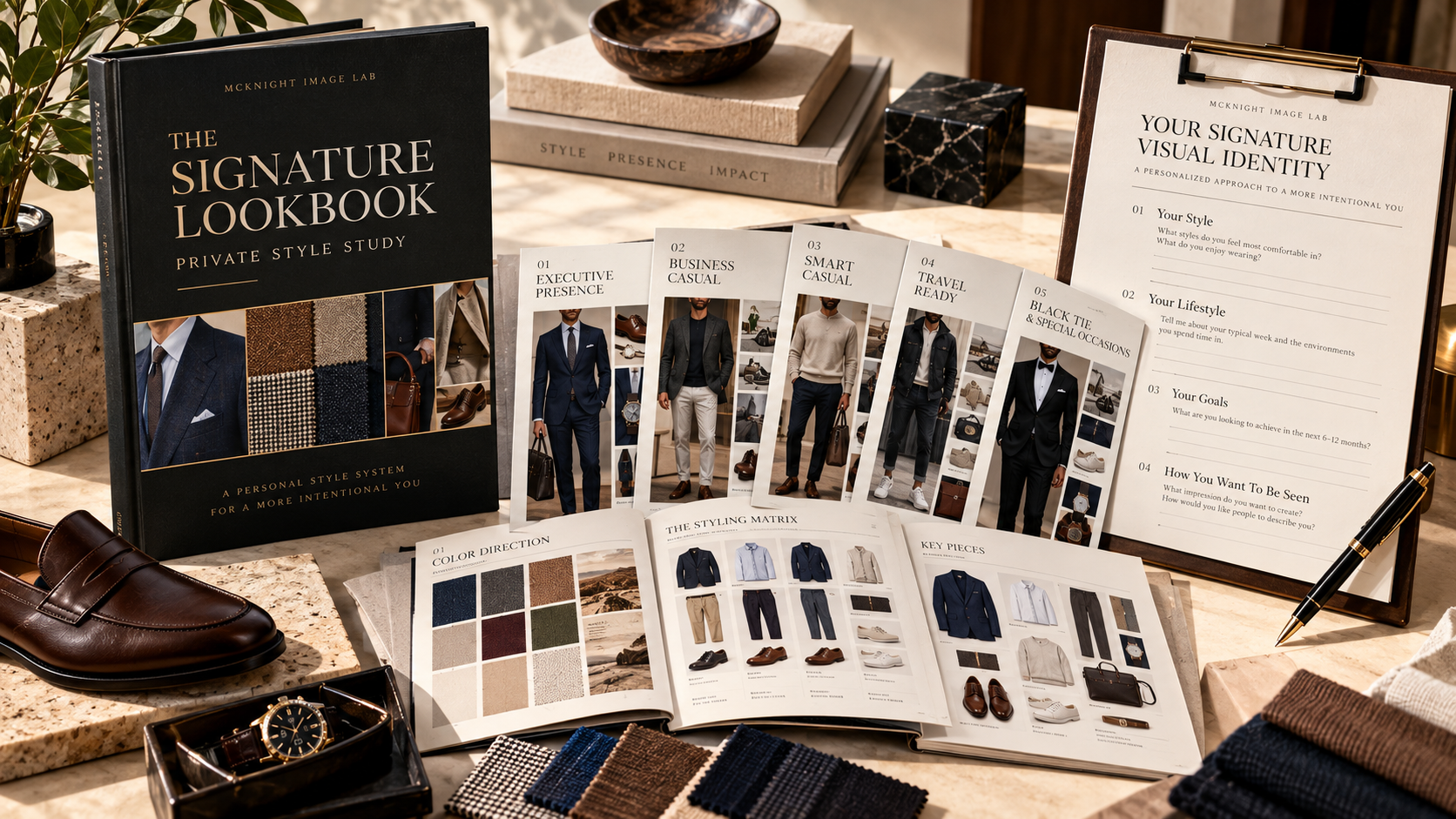 Illustrative Signature Lookbook hardcover with five outfit pages fanned out, color direction and styling matrix spreads