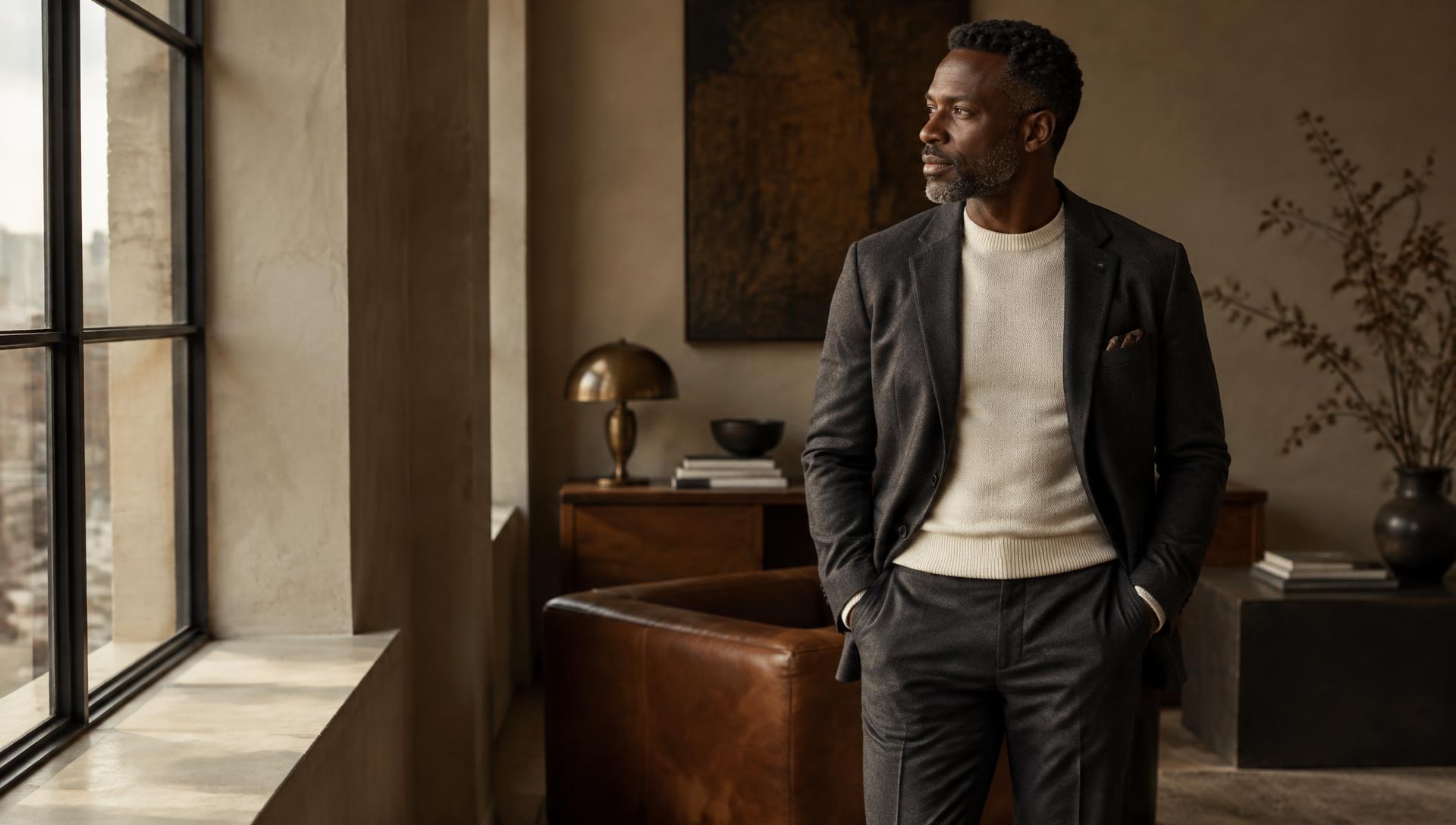 A man in a charcoal blazer and ivory knit by a modern loft window