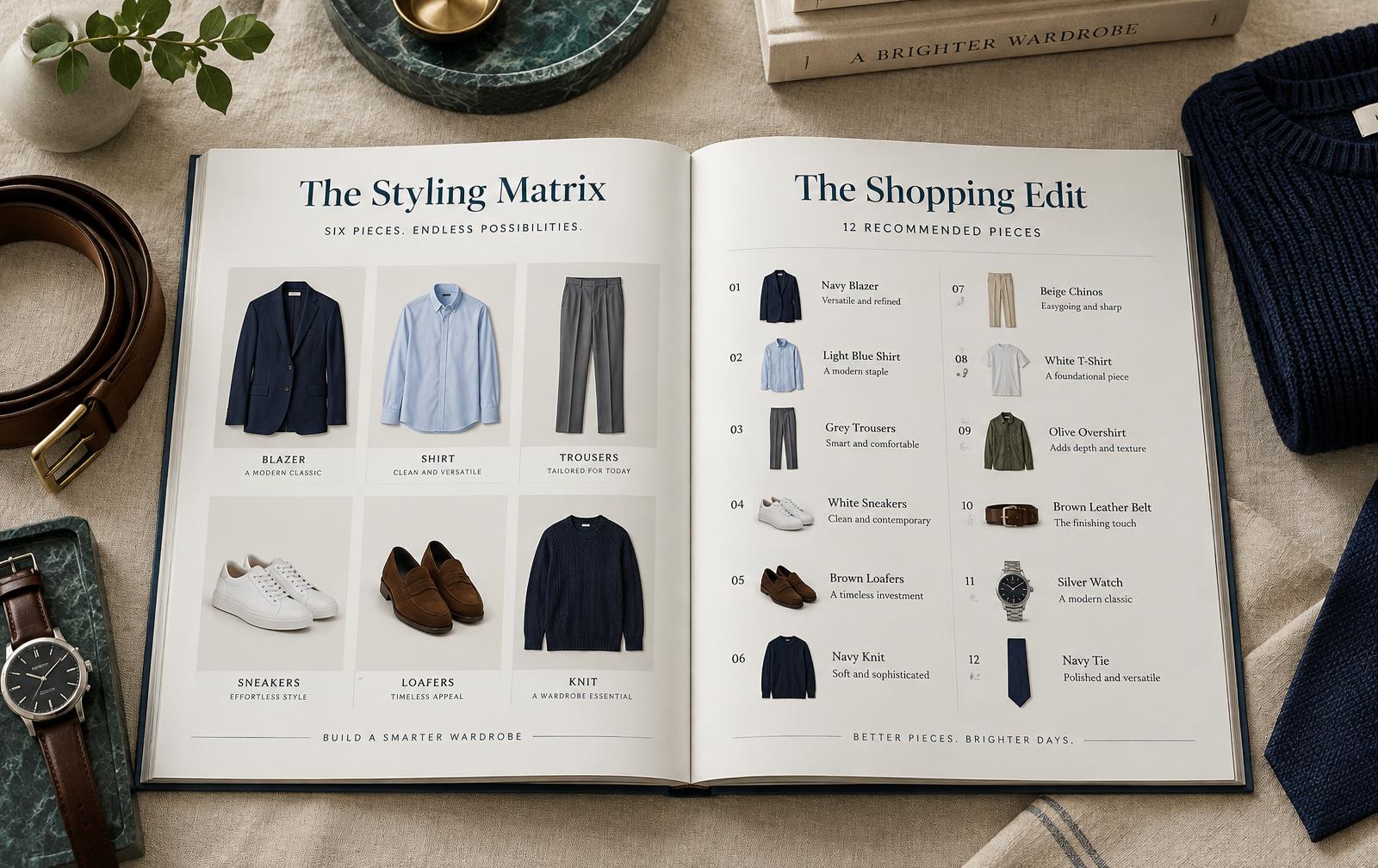 Illustrative open book showing a styling matrix of garments and a 12-piece shopping edit