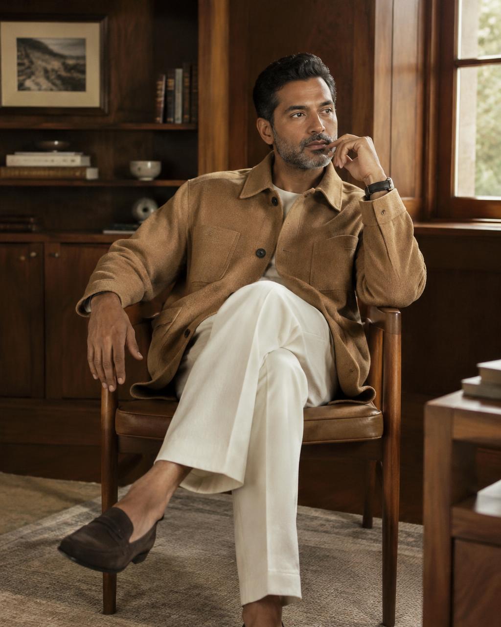 A man in a camel overshirt seated in a wood-paneled study